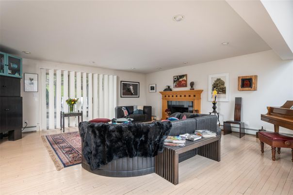 Fireplace, Interior, Living room, Piano, Recessed Lighting, Wood Texture Flooring