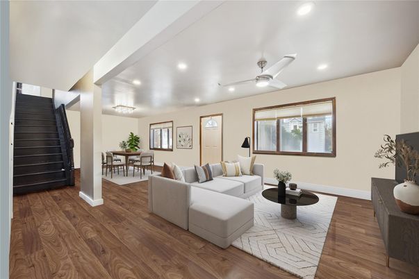 Dining room, Interior, Living room, Recessed Lighting, Wood Texture Flooring