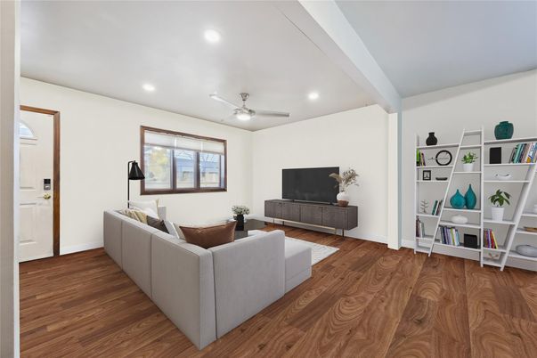 Interior, Living room, Recessed Lighting, Wood Texture Flooring