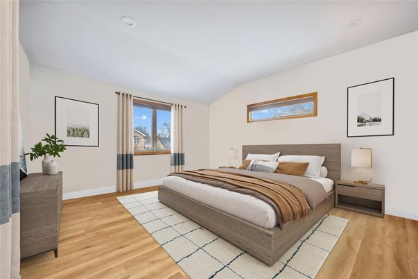 Bedroom, Interior, Recessed Lighting, Wood Texture Flooring