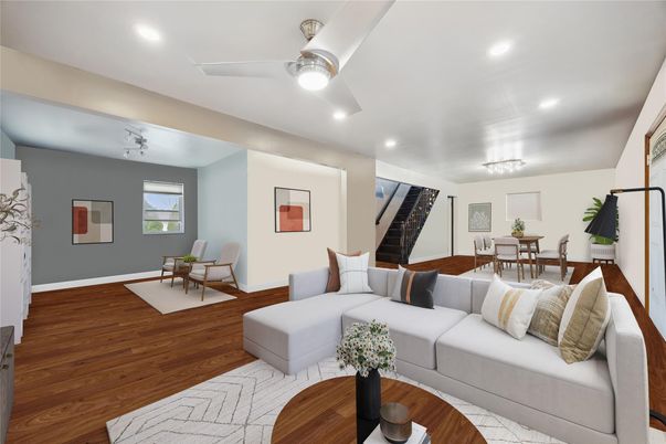 Dining room, Interior, Living room, Recessed Lighting, Wood Texture Flooring