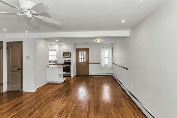 Empty room, Interior, Kitchen, Recessed Lighting, Wood Texture Flooring
