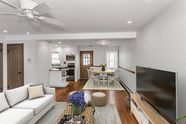 Dining room, Interior, Kitchen, Living room, Recessed Lighting, Stainless Steel Appliances, Wood Texture Flooring