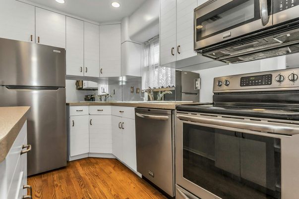 Interior, Kitchen, Recessed Lighting, Stainless Steel Appliances, Wood Texture Flooring
