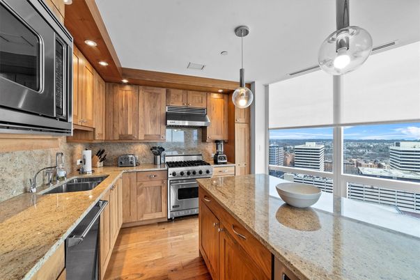Interior, Kitchen, Pendant Lights, Recessed Lighting, Stainless Steel Appliances, Wood Texture Flooring