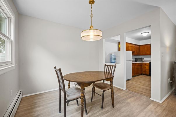 Dining room, Interior, Kitchen, Pendant Lights, Wood Texture Flooring