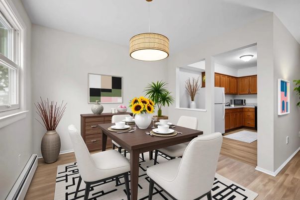 Dining room, Interior, Kitchen, Pendant Lights, Wood Texture Flooring