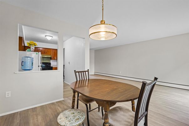 Dining room, Interior, Pendant Lights, Wood Texture Flooring