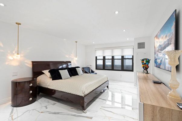 Bedroom, Interior, Marble, Pendant Lights, Recessed Lighting