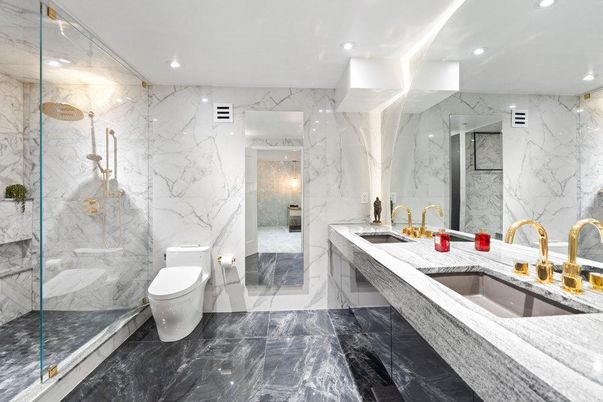 Bathroom, Dual Sink Vanities, Glass Shower, Interior, Marble, Marble Walls, Recessed Lighting