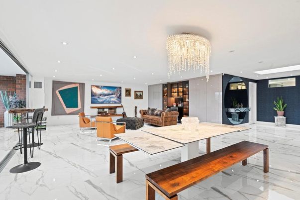 Chandelier, Dining room, Interior, Living room, Marble, Recessed Lighting