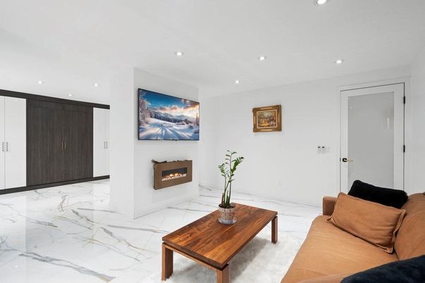 Fireplace, Interior, Living room, Marble, Recessed Lighting