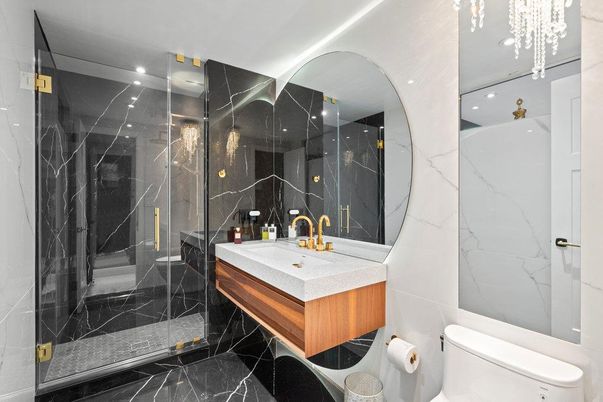 Bathroom, Glass Shower, Interior, Marble, Marble Walls, Recessed Lighting