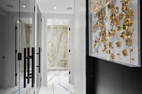 Bathroom, Glass Shower, Interior, Marble, Marble Walls, Recessed Lighting