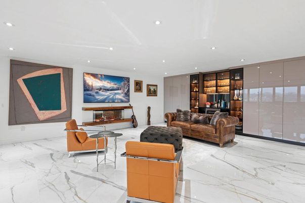 Fireplace, Interior, Living room, Marble, Recessed Lighting