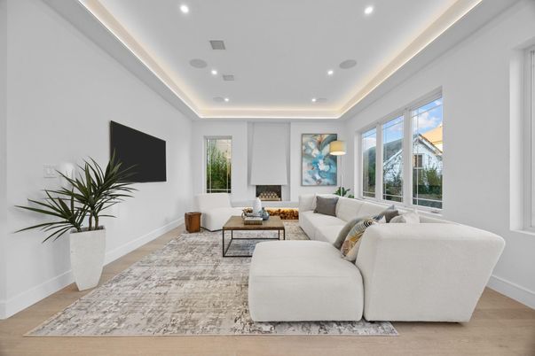 Fireplace, Interior, Living room, Recessed Lighting, Wood Texture Flooring