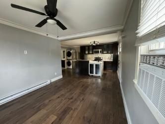 Chandelier, Empty room, Interior, Kitchen, Wood Texture Flooring