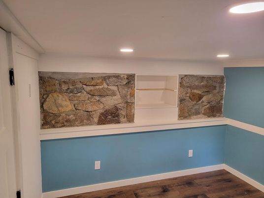 Interior, Recessed Lighting, Stone Walls, Wood Texture Flooring