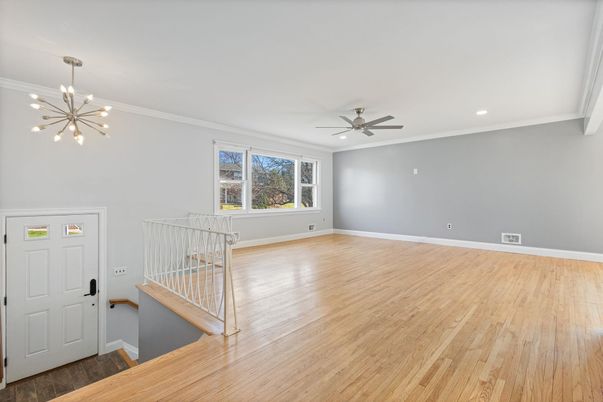 Empty room, Interior, Pendant Lights, Recessed Lighting, Wood Texture Flooring