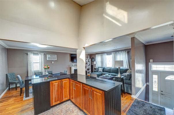 Dining room, Interior, Kitchen, Living room, Recessed Lighting, Wood Texture Flooring