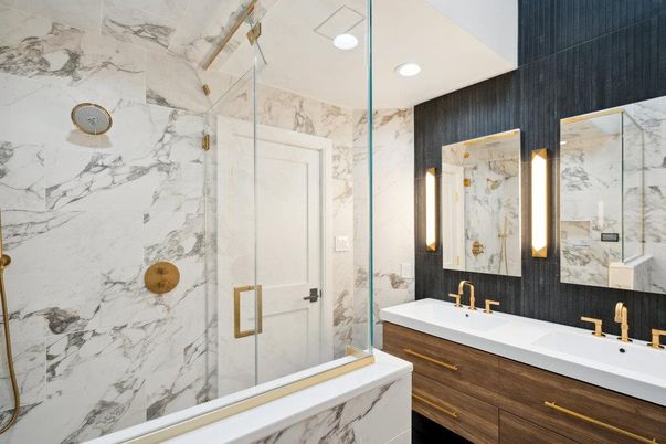 Bathroom, Dual Sink Vanities, Glass Shower, Interior, Marble Walls, Recessed Lighting