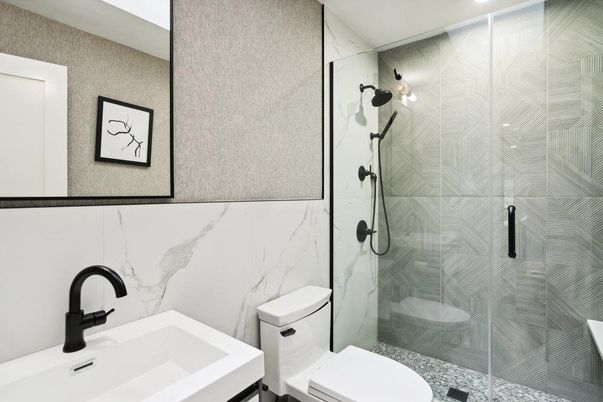 Bathroom, Glass Shower, Interior, Marble Walls, Recessed Lighting