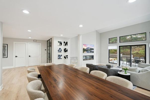 Dining room, Fireplace, Interior, Living room, Recessed Lighting, Wood Texture Flooring