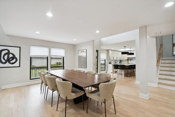 Dining room, Interior, Kitchen, Pendant Lights, Recessed Lighting, Wood Texture Flooring
