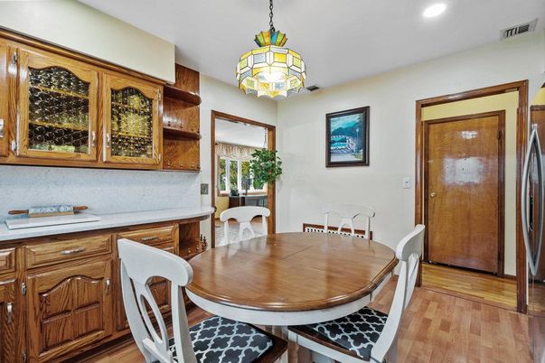 Dining room, Interior, Pendant Lights, Recessed Lighting, Wood Texture Flooring