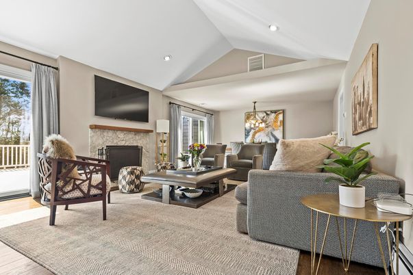 Chandelier, Fireplace, Interior, Living room, Recessed Lighting, Wood Texture Flooring