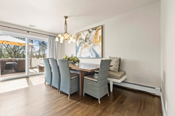 Dining room, Interior, Pendant Lights, Wood Texture Flooring