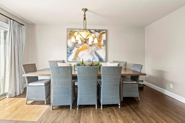 Dining room, Interior, Pendant Lights, Wood Texture Flooring