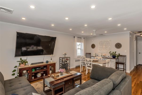 Dining room, Interior, Living room, Recessed Lighting, Wood Texture Flooring
