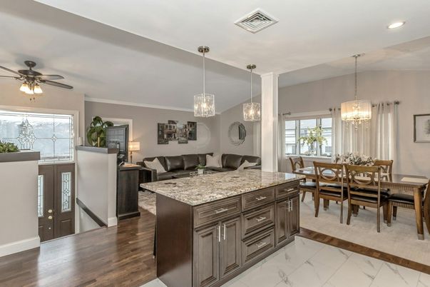 Dining room, Interior, Living room, Marble, Pendant Lights, Recessed Lighting, Wood Texture Flooring