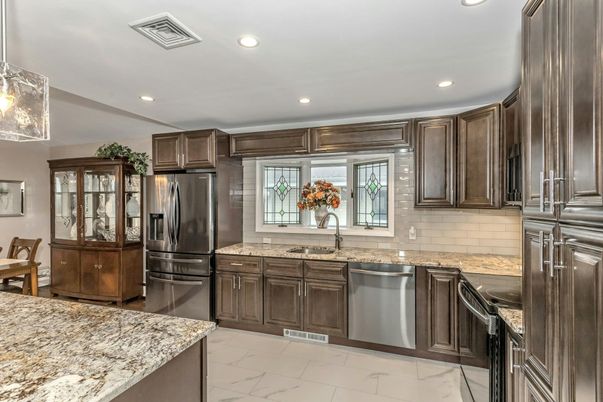 Interior, Kitchen, Marble, Pendant Lights, Recessed Lighting, Stainless Steel Appliances