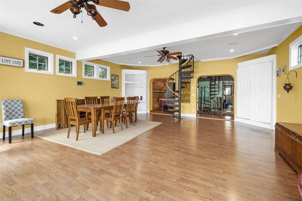 Dining room, Interior, Recessed Lighting, Wood Texture Flooring
