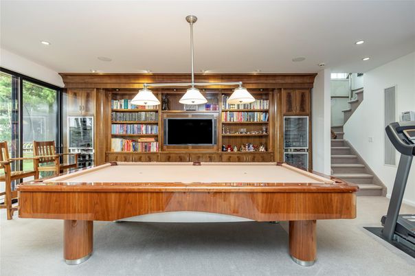 Billiard Table, Game Room, Interior, Pendant Lights, Recessed Lighting, Wooden Walls