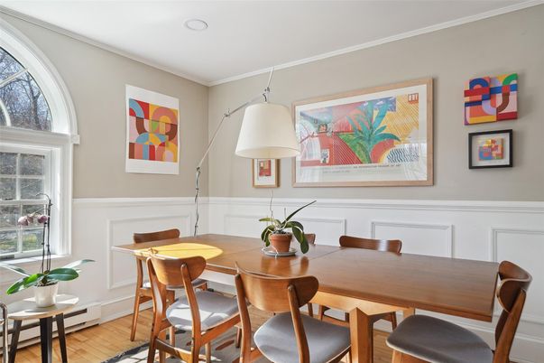 Dining room, Interior, Recessed Lighting, Wood Texture Flooring