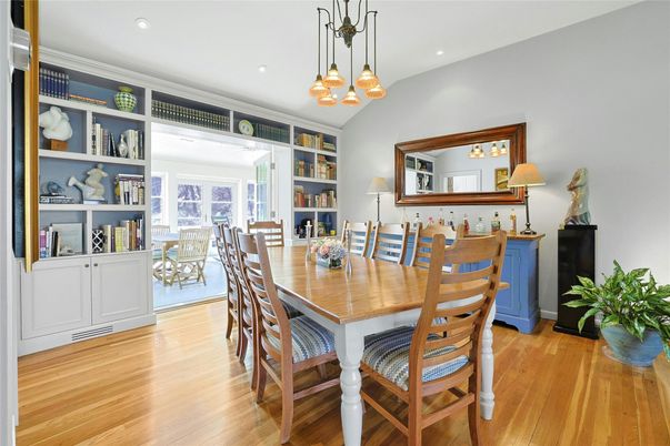 Dining room, Interior, Pendant Lights, Recessed Lighting, Wood Texture Flooring