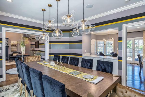 Dining room, Interior, Pendant Lights, Recessed Lighting, Wood Texture Flooring