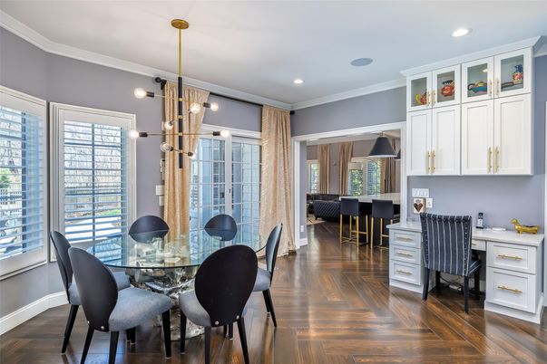 Dining room, Interior, Pendant Lights, Recessed Lighting, Wood Texture Flooring