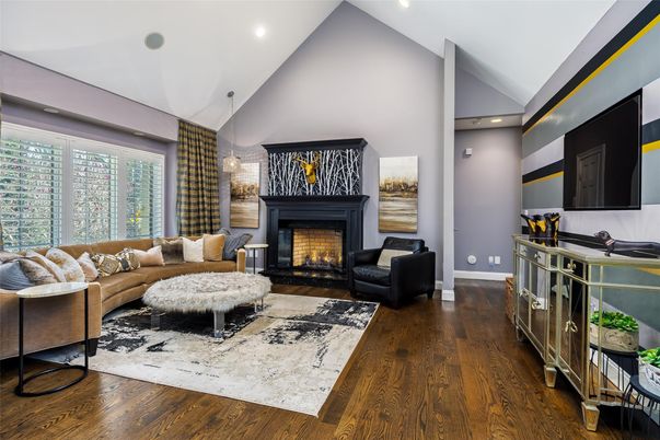 Fireplace, Interior, Living room, Pendant Lights, Recessed Lighting, Wood Texture Flooring