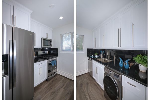 Interior, Kitchen, Recessed Lighting, Washer, Wood Texture Flooring