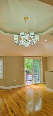 Chandelier, Empty room, Interior, Recessed Lighting, Wood Texture Flooring
