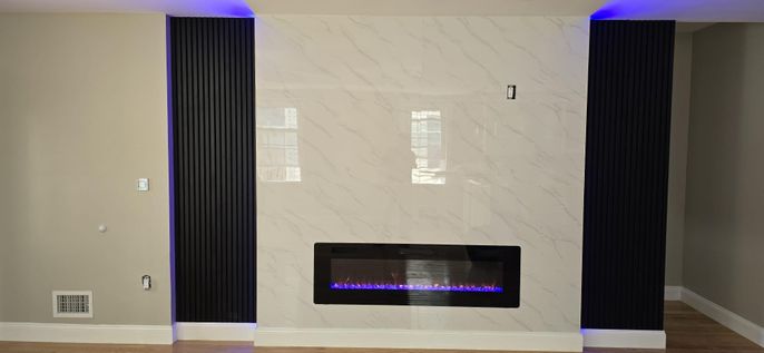 Fireplace, Interior, Marble Walls, Wood Texture Flooring