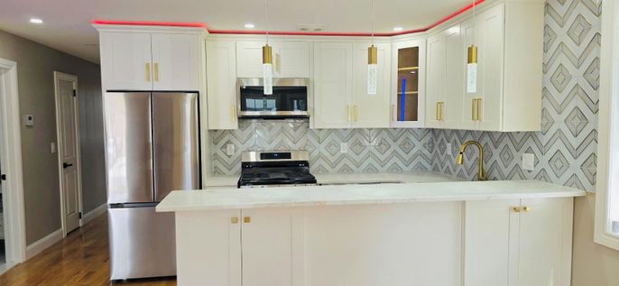 Interior, Kitchen, Pendant Lights, Recessed Lighting, Stainless Steel Appliances, Wood Texture Flooring