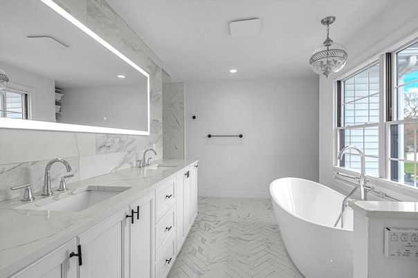 Bathroom, Dual Sink Vanities, Free Standing Baths, Interior, Marble, Marble Walls, Recessed Lighting