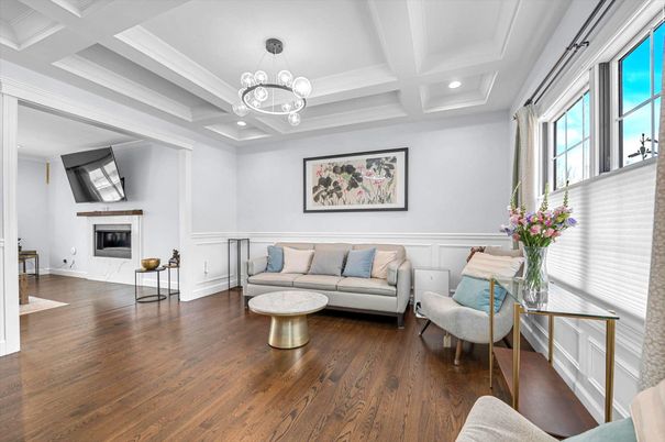 Fireplace, Interior, Pendant Lights, Recessed Lighting, Wood Texture Flooring