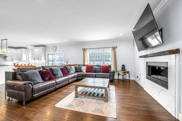 Fireplace, Interior, Kitchen, Living room, Pendant Lights, Recessed Lighting, Wood Texture Flooring