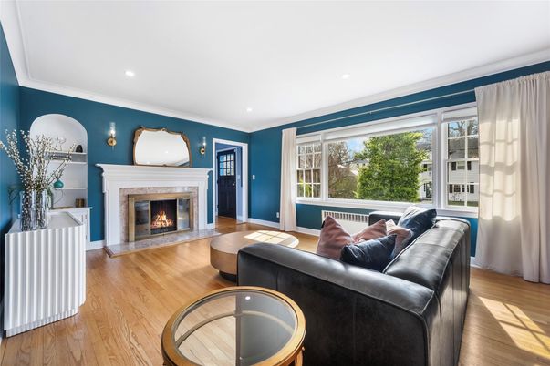 Fireplace, Interior, Living room, Recessed Lighting, Wood Texture Flooring